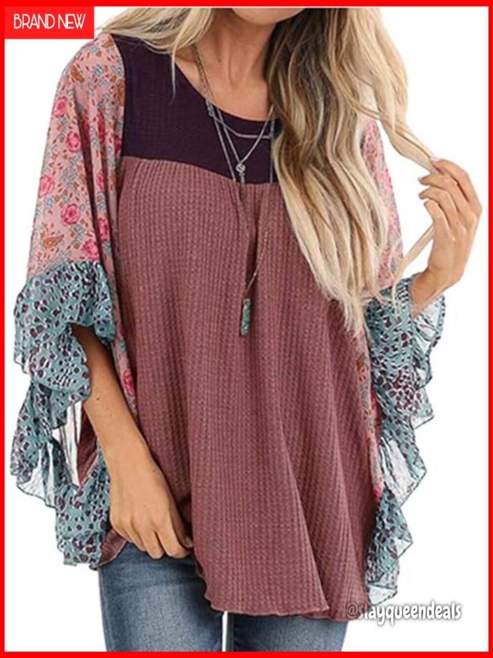 Floral Printed Batwing Sleeve Blouse Loose Fit 3/4 Sleeve Pullover Top